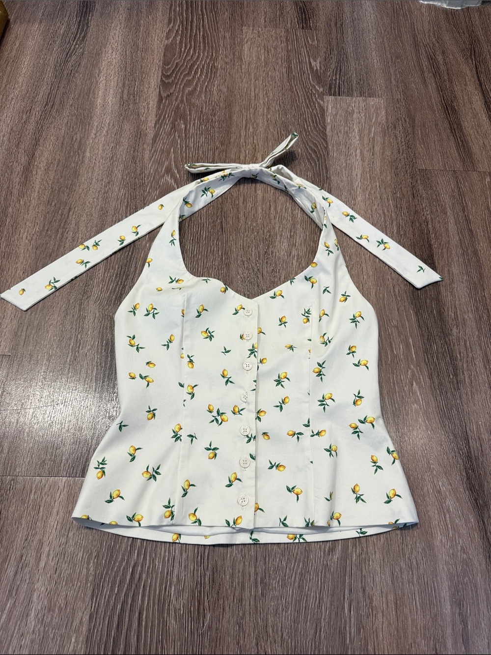 Lemon-Print Halter Button-Front Top